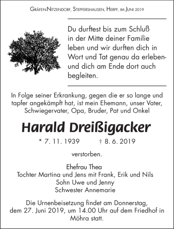 Traueranzeige von Harald Dreißigacker von Südthüringer Presse