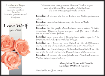 Traueranzeige von Lore Wolf von Südthüringer Presse