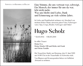 Traueranzeige von Hugo Scholz von Südthüringer Presse