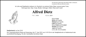 Traueranzeige von Alfred Dietz von Frankenpost