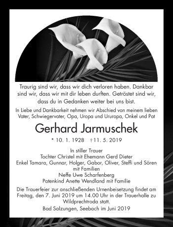 Traueranzeige von Gerhard Jarmuschek von Südthüringer Presse