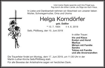 Traueranzeige von Helga Korndörfer von Frankenpost