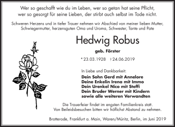 Traueranzeige von Hedwig Robus von Südthüringer Presse