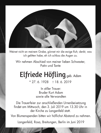 Traueranzeige von Elfriede Höfling von Südthüringer Presse