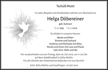 Traueranzeige von Helga Döbereiner von Südthüringer Presse