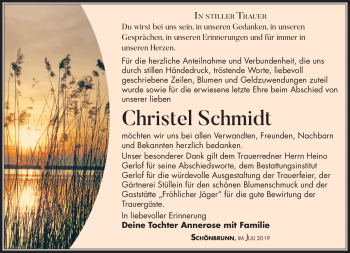 Traueranzeige von Christel Schmidt von Südthüringer Presse