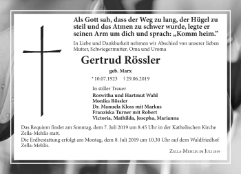 Traueranzeige von Gertrud Rössler von Südthüringer Presse