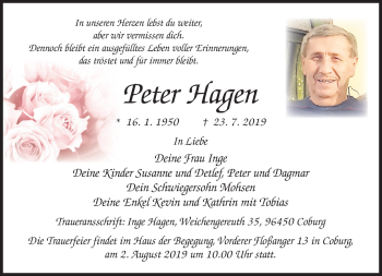 Traueranzeige von Peter Hagen von Neue Presse Coburg