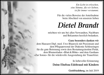 Traueranzeige von Dieter Brandt von Südthüringer Presse
