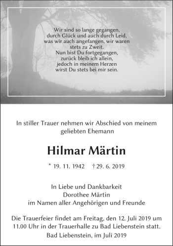 Traueranzeige von Hilmar Märtin von Südthüringer Presse