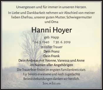Traueranzeige von Hanni Hoyer von Südthüringer Presse