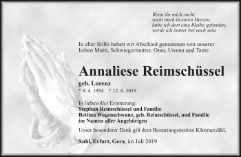 Traueranzeige von Annaliese Reimschüssel von Südthüringer Presse