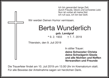 Traueranzeige von Berta Wunderlich von Frankenpost