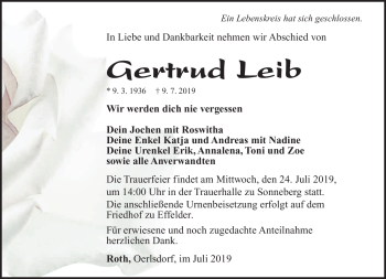 Traueranzeige von Gertrud Leib von Südthüringer Presse