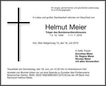 Traueranzeige von Helmut Meier von Frankenpost