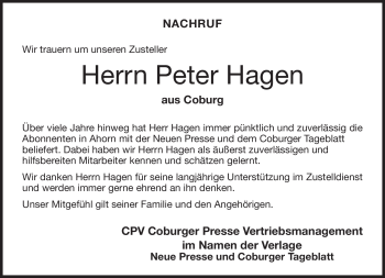 Traueranzeige von Peter Hagen von Neue Presse Coburg