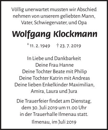 Traueranzeige von Wolfgang Klockmann von Südthüringer Presse