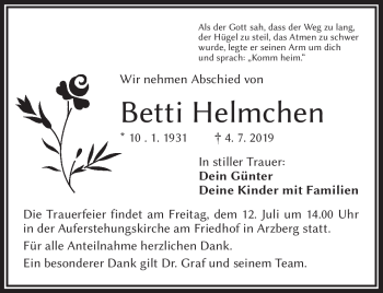 Traueranzeige von Betti Helmchen von Frankenpost