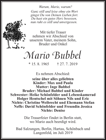 Traueranzeige von Mario Bubbel von Südthüringer Presse
