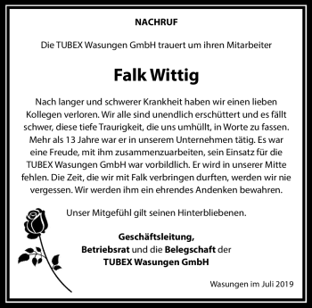 Traueranzeige von Falk Wittig von Südthüringer Presse