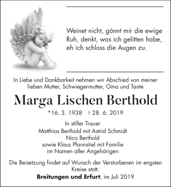 Traueranzeige von Marga Lischen Berthold von Südthüringer Presse