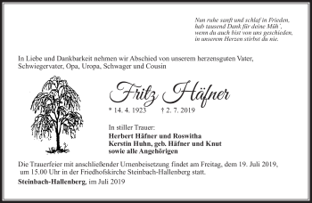 Traueranzeige von Fritz Häfner von Südthüringer Presse