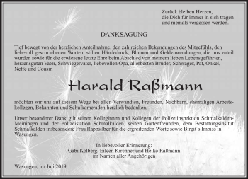 Traueranzeige von Harald Raßmann von Südthüringer Presse
