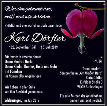 Traueranzeige von Karl Dörfler von Südthüringer Presse