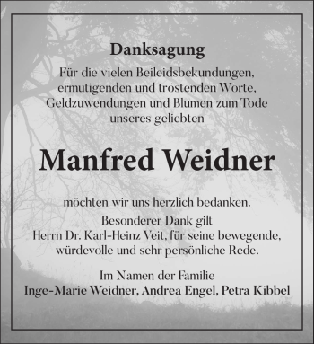 Traueranzeige von Manfred Weidner von Südthüringer Presse