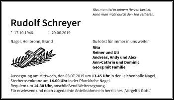 Traueranzeige von Rudolf Schreyer von Frankenpost