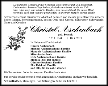 Traueranzeige von Christel Aschenbach von Südthüringer Presse