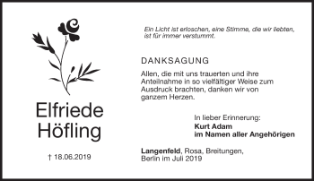 Traueranzeige von Elfriede Höfling von Südthüringer Presse