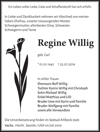 Traueranzeige von Regine Willig von Südthüringer Presse