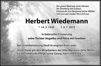 Traueranzeige von Herbert Wiedemann von Südthüringer Presse