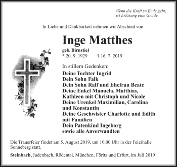 Traueranzeige von Inge Matthes von Südthüringer Presse