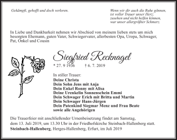 Traueranzeige von Siegfreid Recknagel von Südthüringer Presse