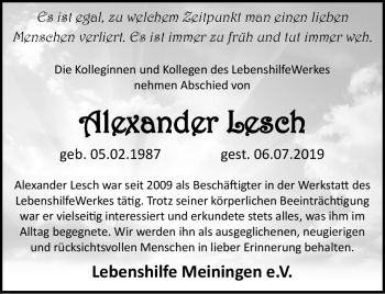 Traueranzeige von Alexander Lesch von Südthüringer Presse