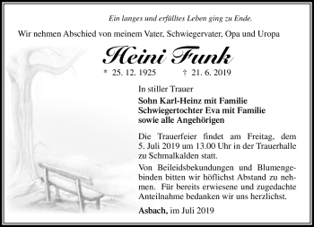 Traueranzeige von Heini Funk von Südthüringer Presse