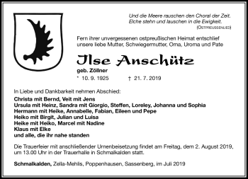 Traueranzeige von Ilse Anschütz von Südthüringer Presse