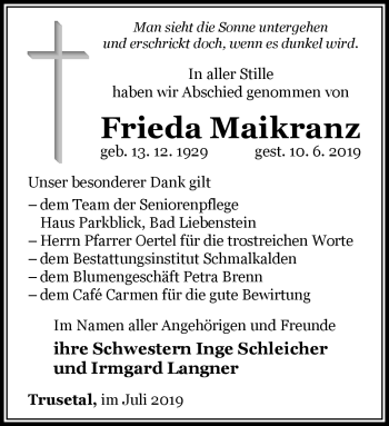 Traueranzeige von Frieda Maikranz von Südthüringer Presse