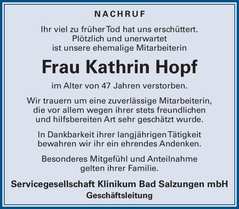  Traueranzeige für Kathrin Hopf vom 10.07.2019 aus Südthüringer Presse