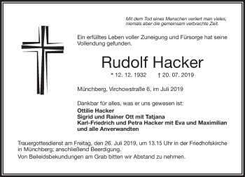 Traueranzeige von Rudolf Hacker von Frankenpost