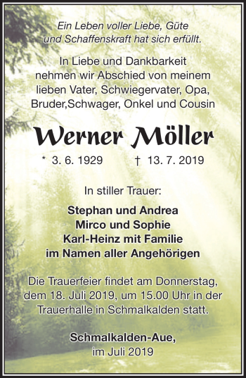 Traueranzeige von Werner Möller von Südthüringer Presse
