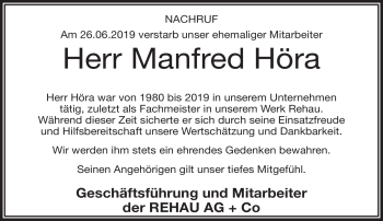 Traueranzeige von Manfred Höra von Frankenpost