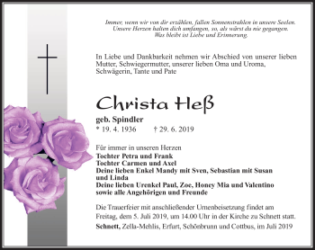 Traueranzeige von Christa Heß von Südthüringer Presse