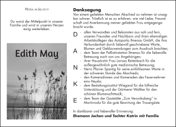 Traueranzeige von Edith May von Südthüringer Presse