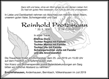 Traueranzeige von Reinhold Protzmann von Südthüringer Presse