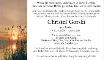 Traueranzeige von Christel Gorski von Südthüringer Presse