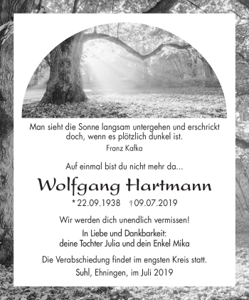 Traueranzeige von Wolfgang Hartmann von Südthüringer Presse
