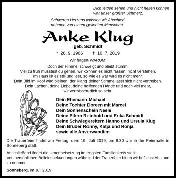 Traueranzeige von Anke Klug von Südthüringer Presse